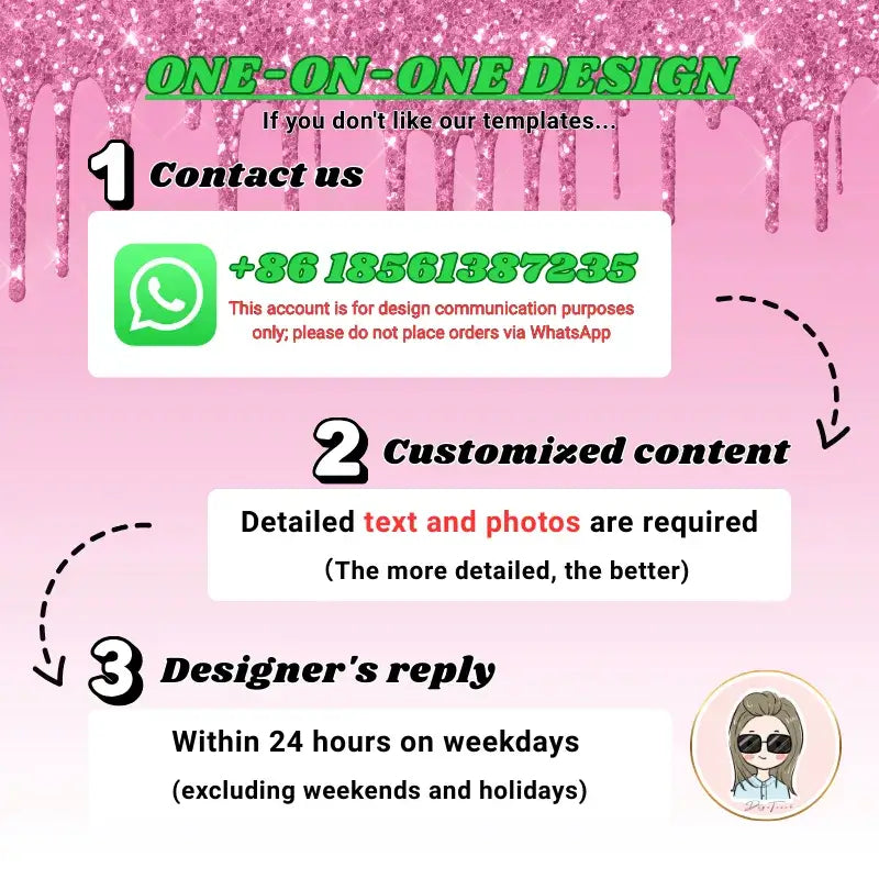 One-on-one design guide with contact info, customization details, and designer response time.