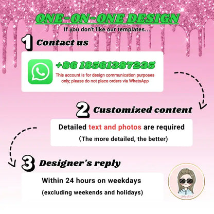 One-on-one design guide with contact info, customization details, and designer response time.