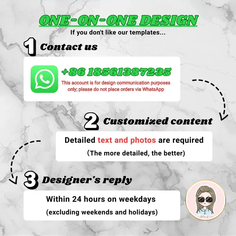 One-on-one design process for Marble Social Media Cards with contact details and customization steps.