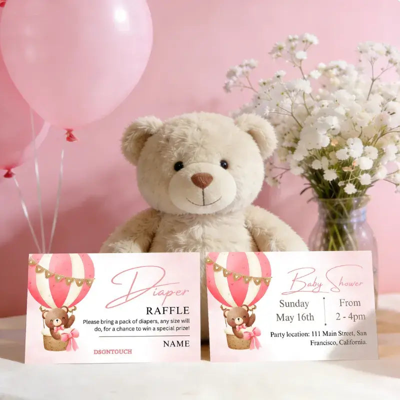 Printable Baby Shower Invitations with teddy bear and hot air balloons for a baby shower raffle.