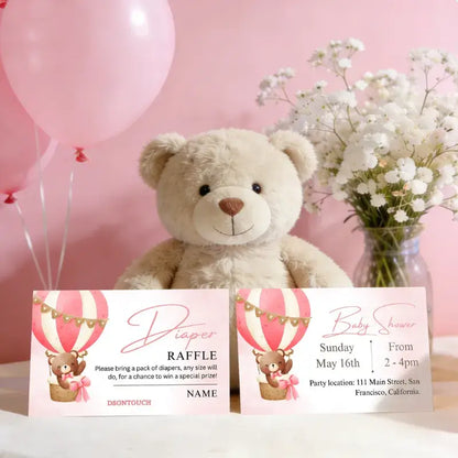 Printable Baby Shower Invitations with teddy bear and hot air balloons for a baby shower raffle.