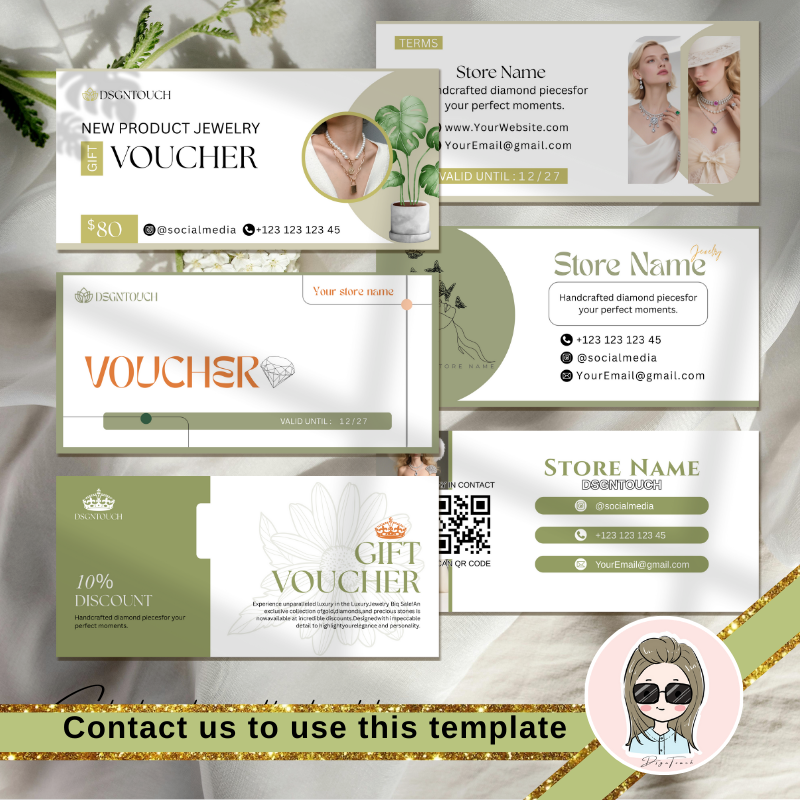 Custom jewelry gift voucher design example by DSGNTOUCH with luxury typography and layout