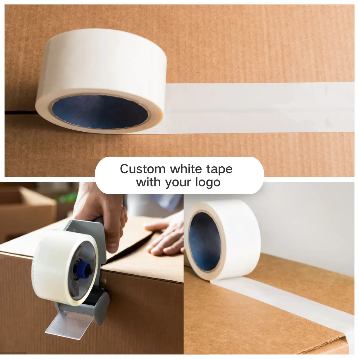 Collage of custom white packing tape: roll of tape on a cardboard box, tape being applied with a dispenser, and tape sealed on a box; text "Custom white tape with your logo".