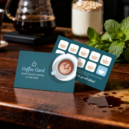 Teal coffee loyalty card in cafe setting: Reward card with latte art graphic and 'Buy 9 get 1 free' stamp spots
