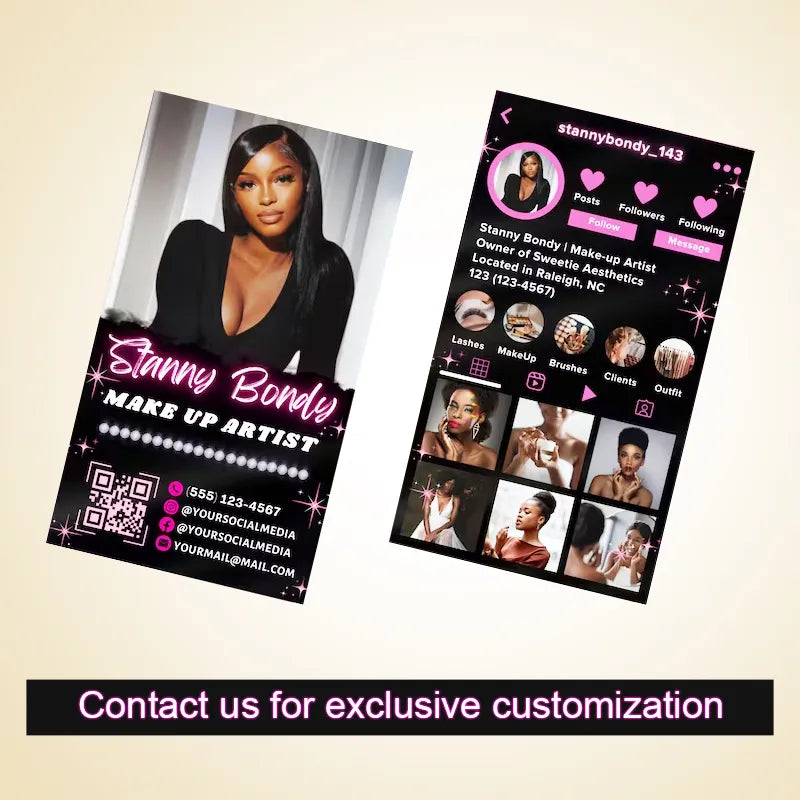 Custom makeup artist business card (Stanny Bondy) paired with a branded Instagram profile design; text prompts "Contact us for exclusive customization".