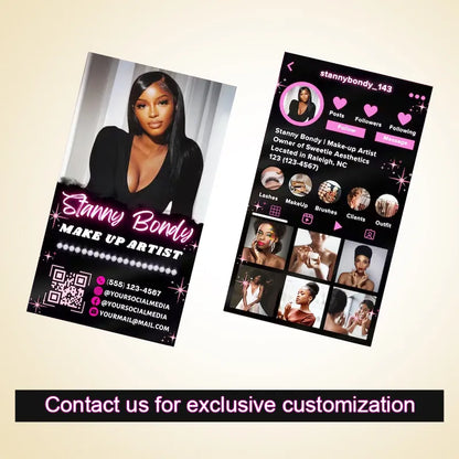 Custom makeup artist business card (Stanny Bondy) paired with a branded Instagram profile design; text prompts "Contact us for exclusive customization".