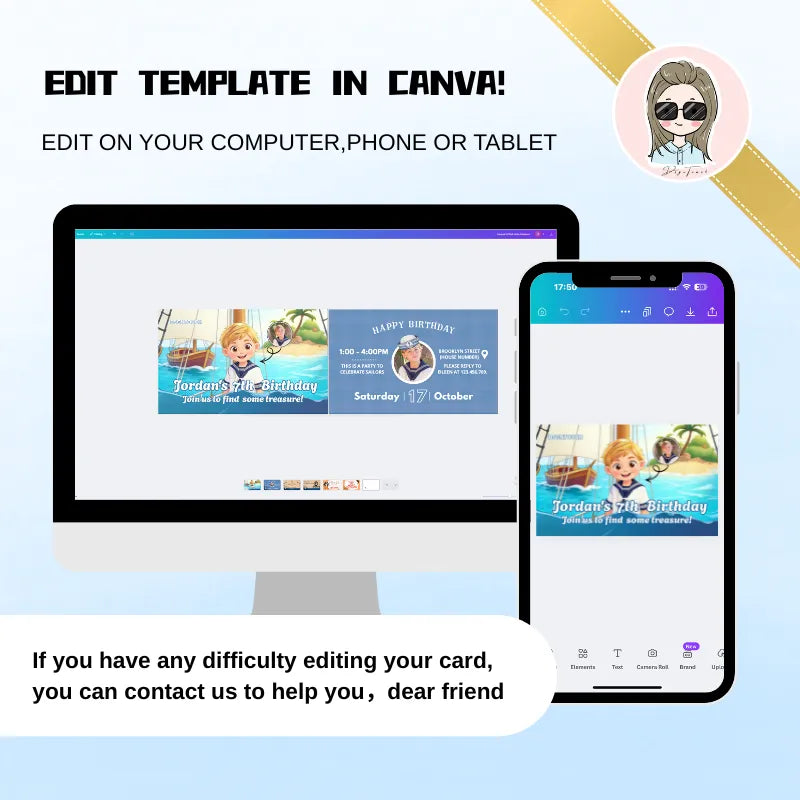  Step-by-step guide on how to edit your Nautical Birthday invitation template in Canva. Contact support if needed.