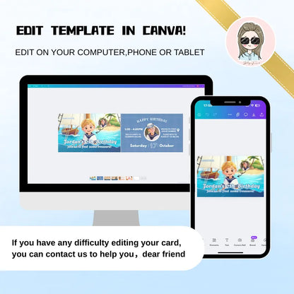  Step-by-step guide on how to edit your Nautical Birthday invitation template in Canva. Contact support if needed.
