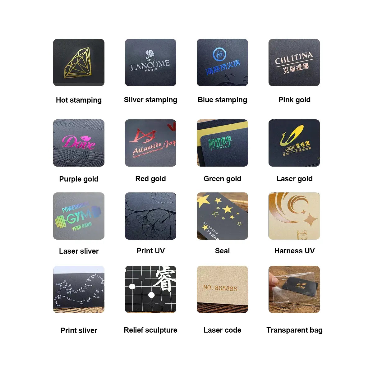 Variety of custom plastic card finishes: hot stamping, silver stamping, UV printing, laser code, relief sculpture, and more, with brand examples 