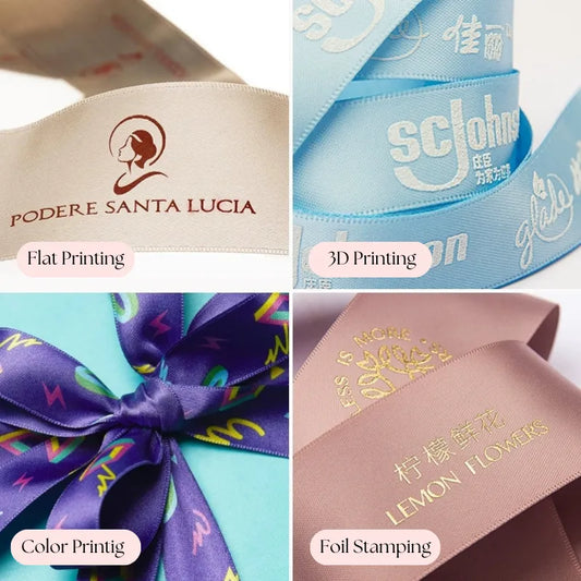 Custom ribbon printing methods showcase: includes flat printing (logo/text), 3D printing, full-color printing, and gold foil stamping (for branding like "Podere Santa Lucia" and "Lemon Flowers").