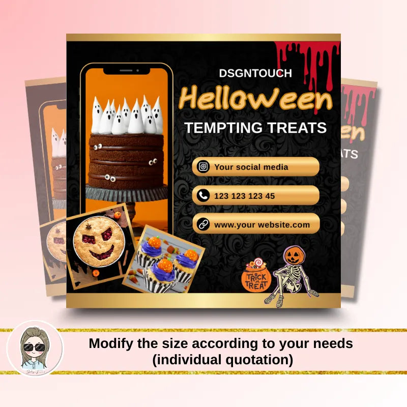 Halloween Bakery Cards design featuring tempting treats with contact information and social media details.
