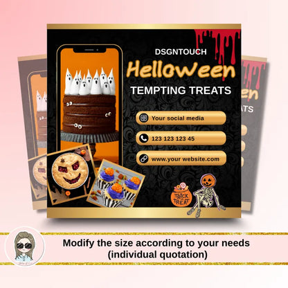 Halloween Bakery Cards design featuring tempting treats with contact information and social media details.