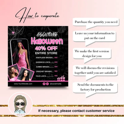Halloween hair salon promo cards featuring a 40% off sale, styling options, and customer cooperation instructions.