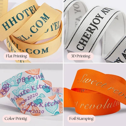 Custom ribbon printing techniques showcase: flat printing (hotel branding), 3D printing ("CHERJOY"), full-color printing (kitchen branding), and foil stamping ("Sweet revolution").