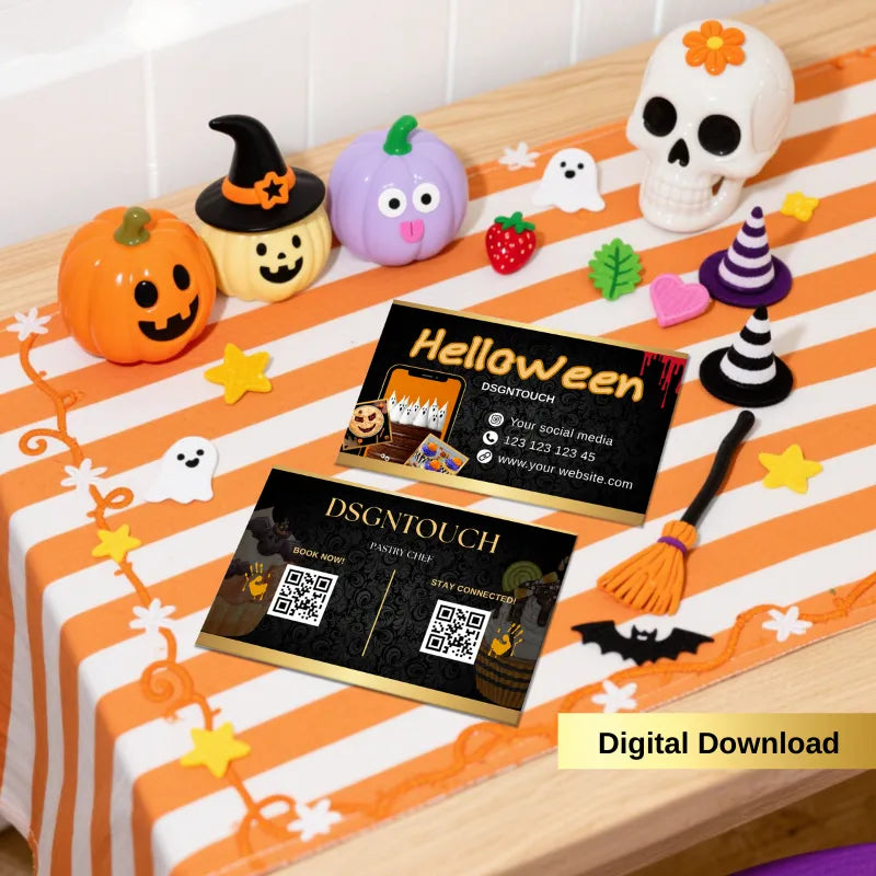 Editable Halloween Bakery Cards Digital Download for Canva displayed on a festive Halloween-themed table with decorations.