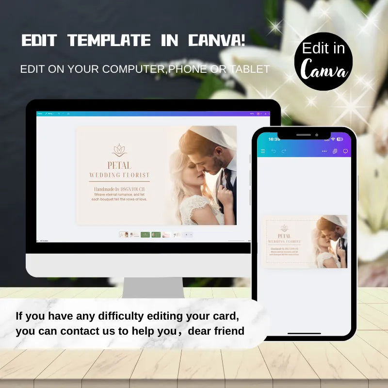 Step-by-step guide showing how to easily edit the DSGNTOUCH digital business card template in the Canva editor.