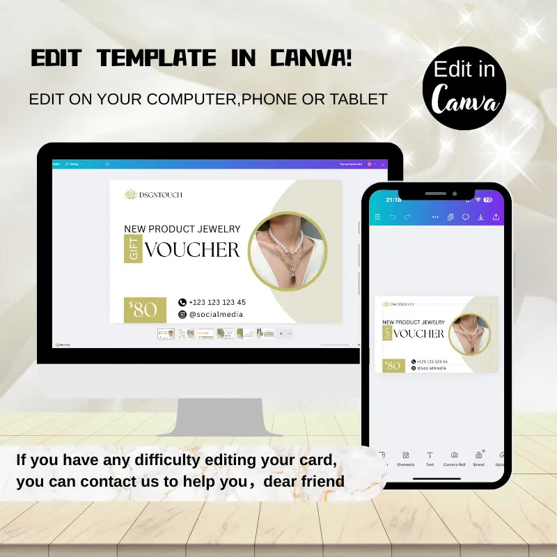 Jewelry Business Card Template displayed on computer and phone, editable in Canva for gifts and vouchers.