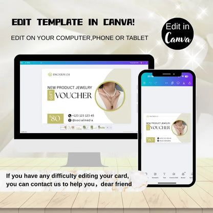 Jewelry Business Card Template displayed on computer and phone, editable in Canva for gifts and vouchers.