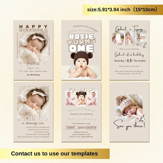 Multiple examples of elegant 1st birthday invitation cards available for free custom design and printing.