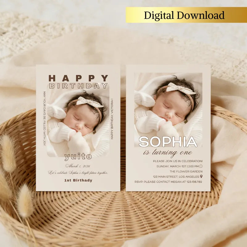 First birthday invitation template customizable for a baby boy or girl turning 1, includes RSVP details.