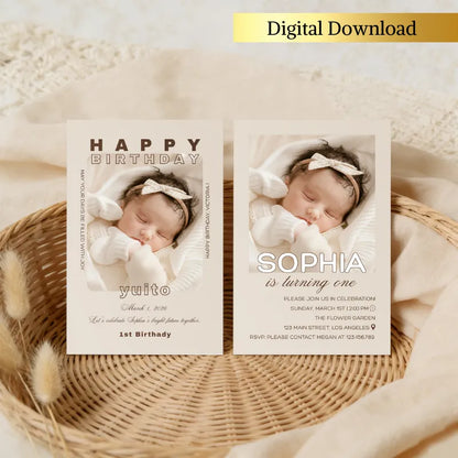 First birthday invitation template customizable for a baby boy or girl turning 1, includes RSVP details.