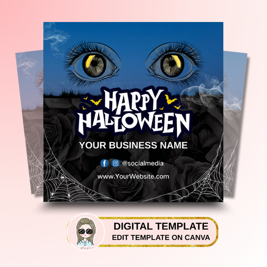 Fully customizable Halloween square card template for eyelash artists and beauty professionals to edit in Canva