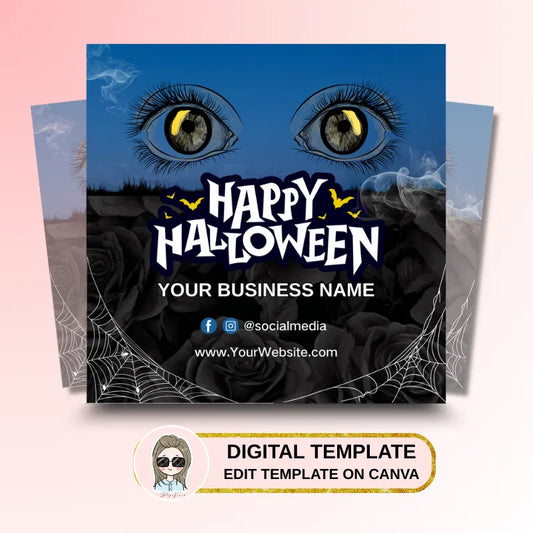 Fully customizable Halloween square card template for eyelash artists and beauty professionals to edit in Canva