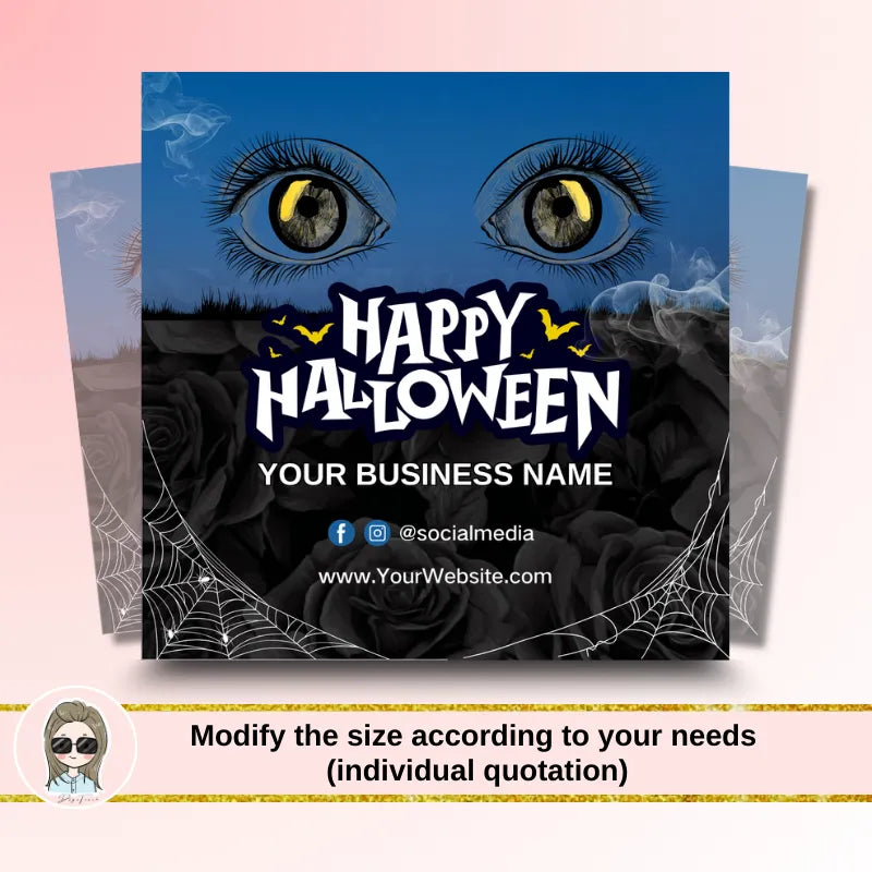 Halloween cards for lash studios featuring spooky design with eyes and spider webs, perfect for promotions.