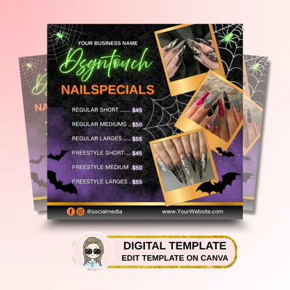 Halloween e-cards featuring customizable nail salon specials with prices and nail art designs.