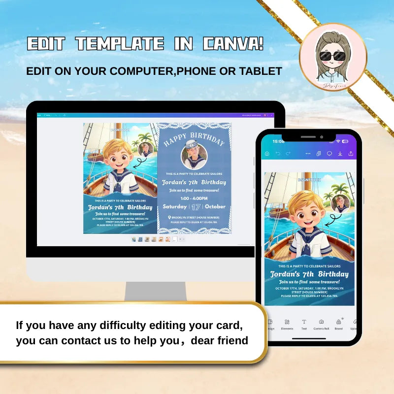 Easily edit your nautical theme birthday party invitation in Canva on any device. Shows editable text fields for event details.