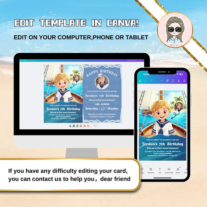 Easily edit your nautical theme birthday party invitation in Canva on any device. Shows editable text fields for event details.