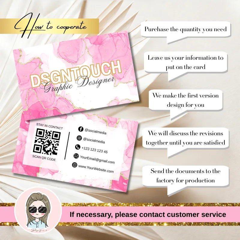 Elegant Business Cards sample design with pink marble background and contact information for DSGNTOUCH.