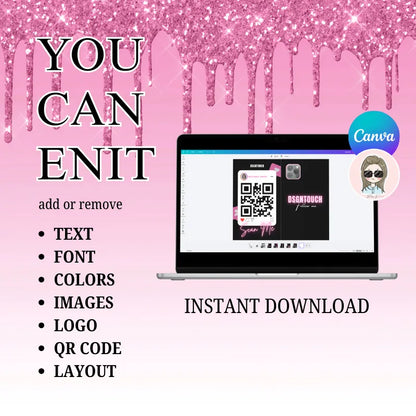 Digital business card with QR Code template showcasing customization options like text, font, and images in Canva.