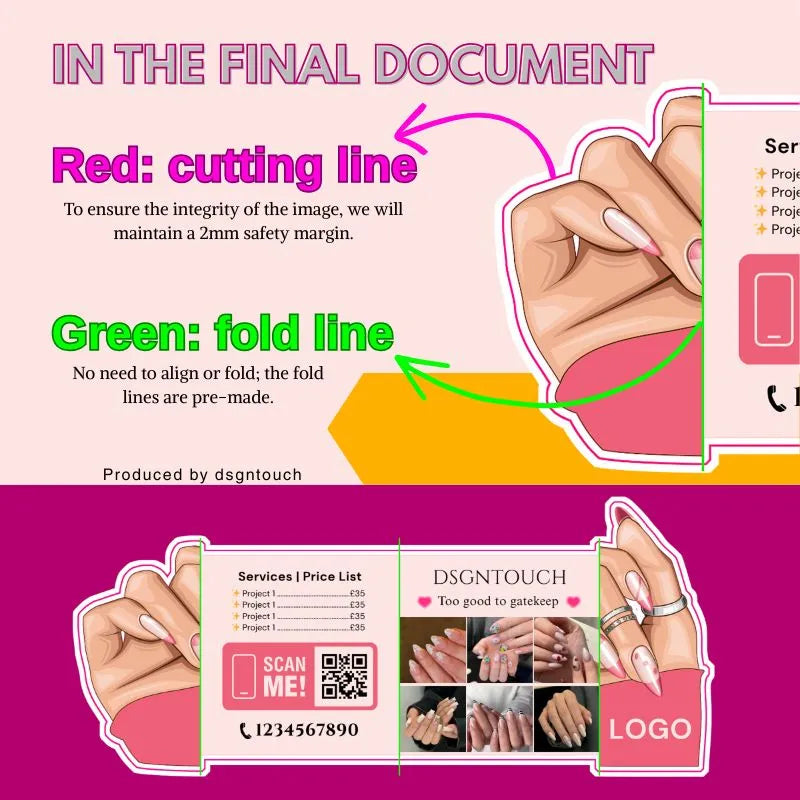 Nail business card design with cutting and fold lines for custom die cut shapes and layout.