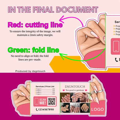 Nail business card design with cutting and fold lines for custom die cut shapes and layout.