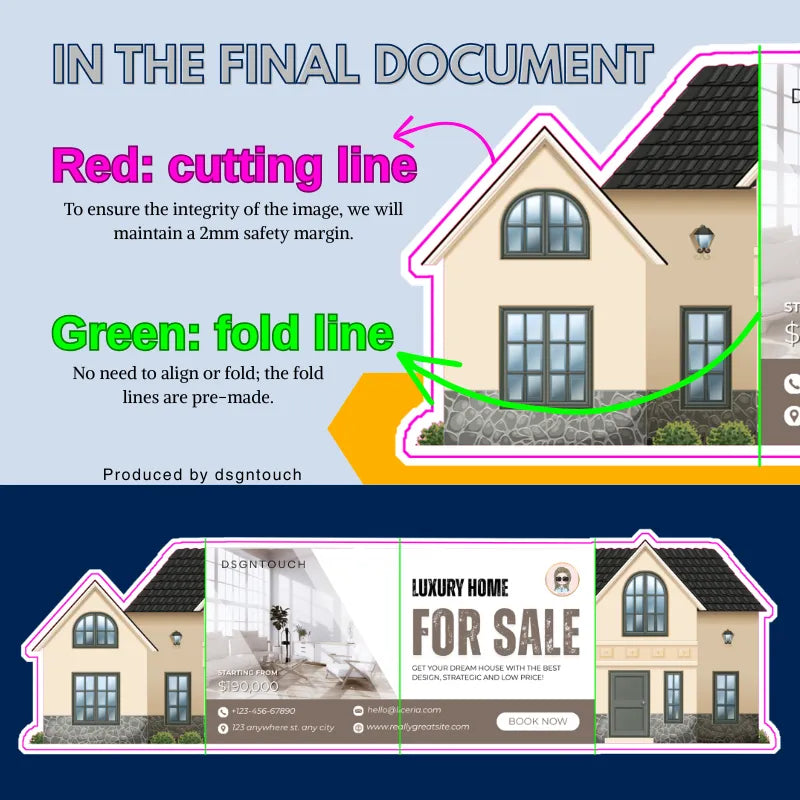 Diagram showing cutting and fold lines on custom house cleaning business cards from Dsgntouch.