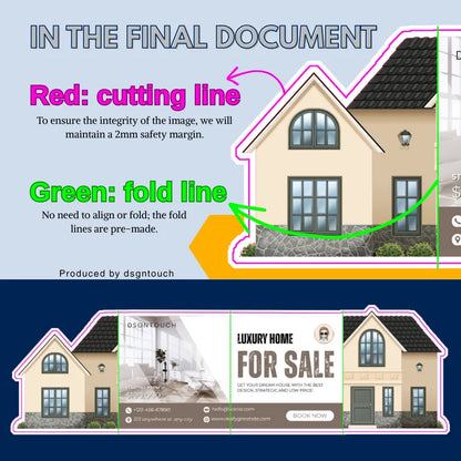 Diagram showing cutting and fold lines on custom house cleaning business cards from Dsgntouch.
