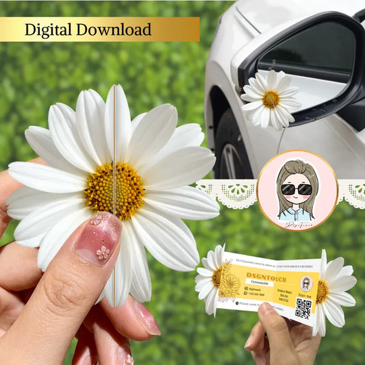 Flower Shaped Business Cards displayed with a daisy on a car mirror, featuring the DSGNTOUCH brand.