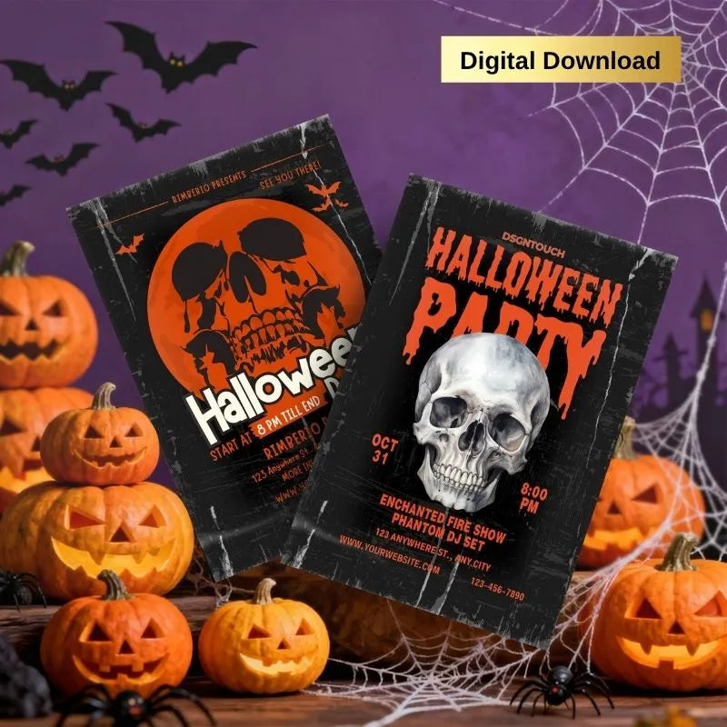 Dark skull Halloween party flyer template (digital download): Grunge-style event design with fire show & DJ set details
