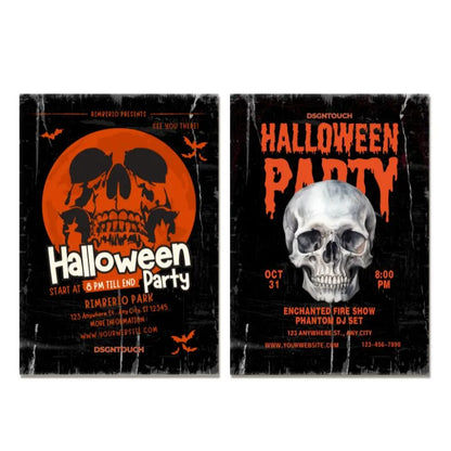 Dark skull Halloween party flyer templates: Aged grunge-style designs for October 31 events