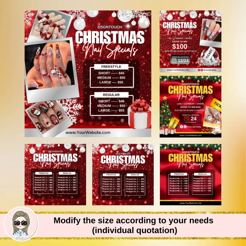 Red Christmas Cards showcasing festive nail specials with prices and designs for a holiday-themed nail salon.