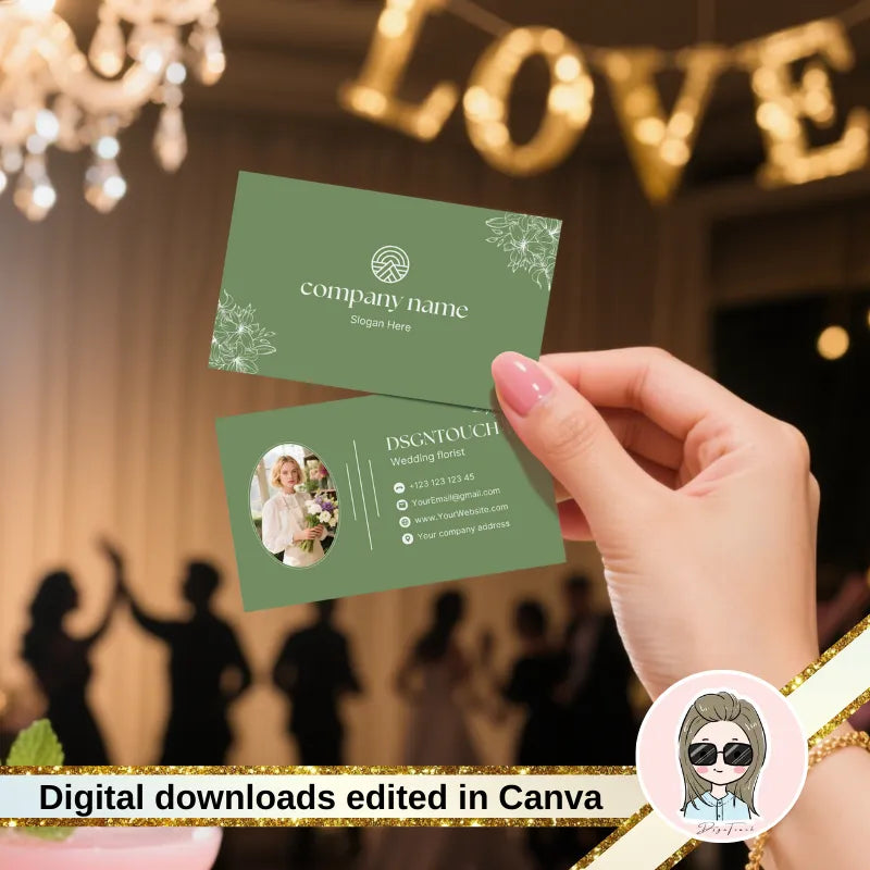 Customizable digital business card template ideal for makeup artists and event coordinators, displayed on a mobile phone screen.