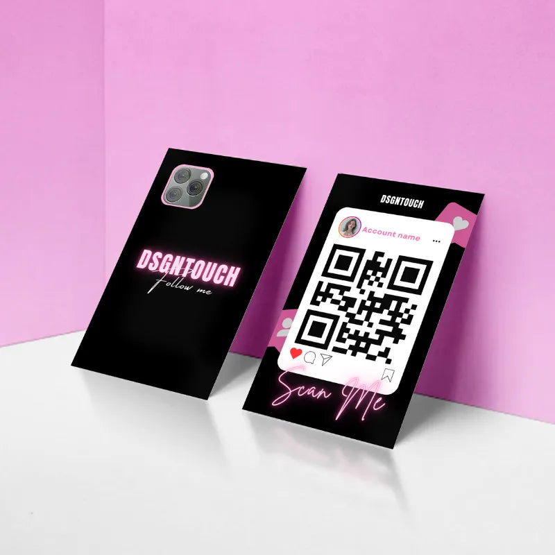 Digital business card with qr code in black and pink design, featuring a QR code for easy contact sharing by DSGNTOUCH.