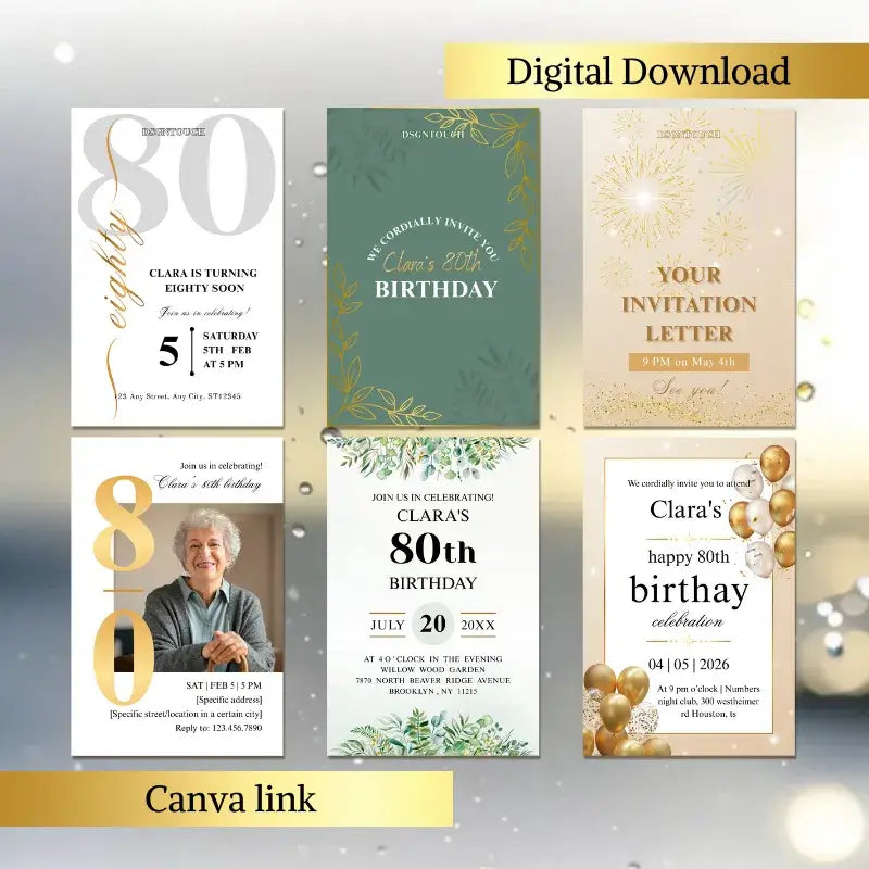 Digital download of a birthday card for an old person, featuring large “80” design.