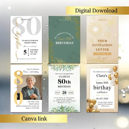 Digital download of a birthday card for an old person, featuring large “80” design.
