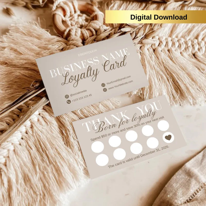 The beige digital loyalty card in use at a small business, like a cafe, demonstrating its practical application.