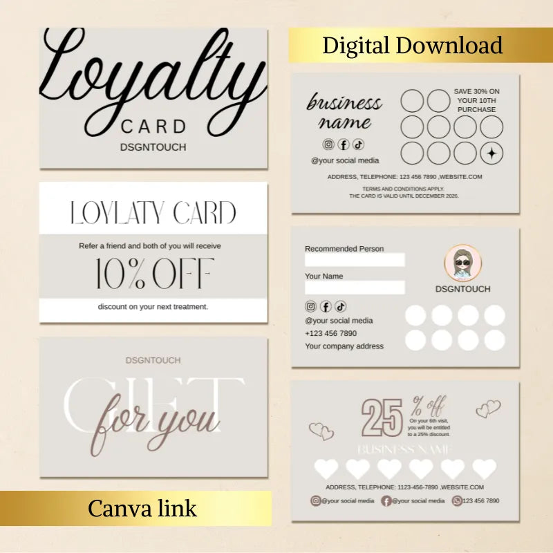 Digital Punch Card Loyalty Program design featuring editable loyalty cards, discount offers, and customizable sections.