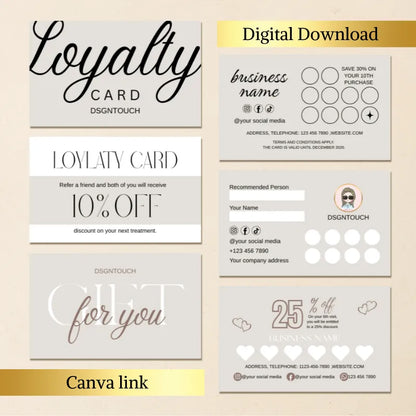 Digital Punch Card Loyalty Program design featuring editable loyalty cards, discount offers, and customizable sections.