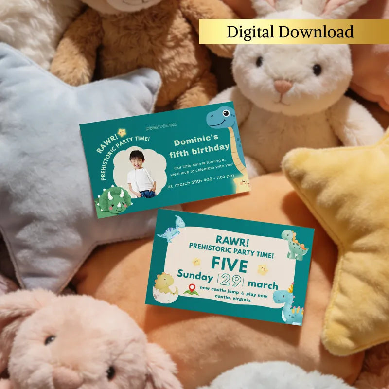 Editable dinosaur-themed birthday invitation card template for a child's fifth birthday party.