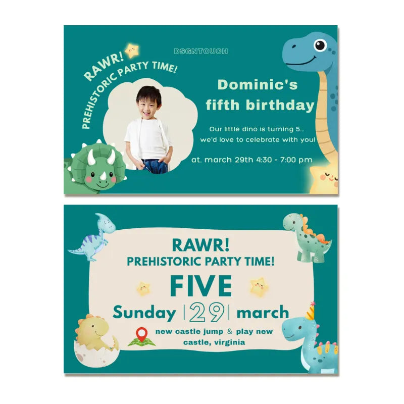 Dsgntouch's dinosaur-themed birthday invitation design for a child's 5th birthday.
